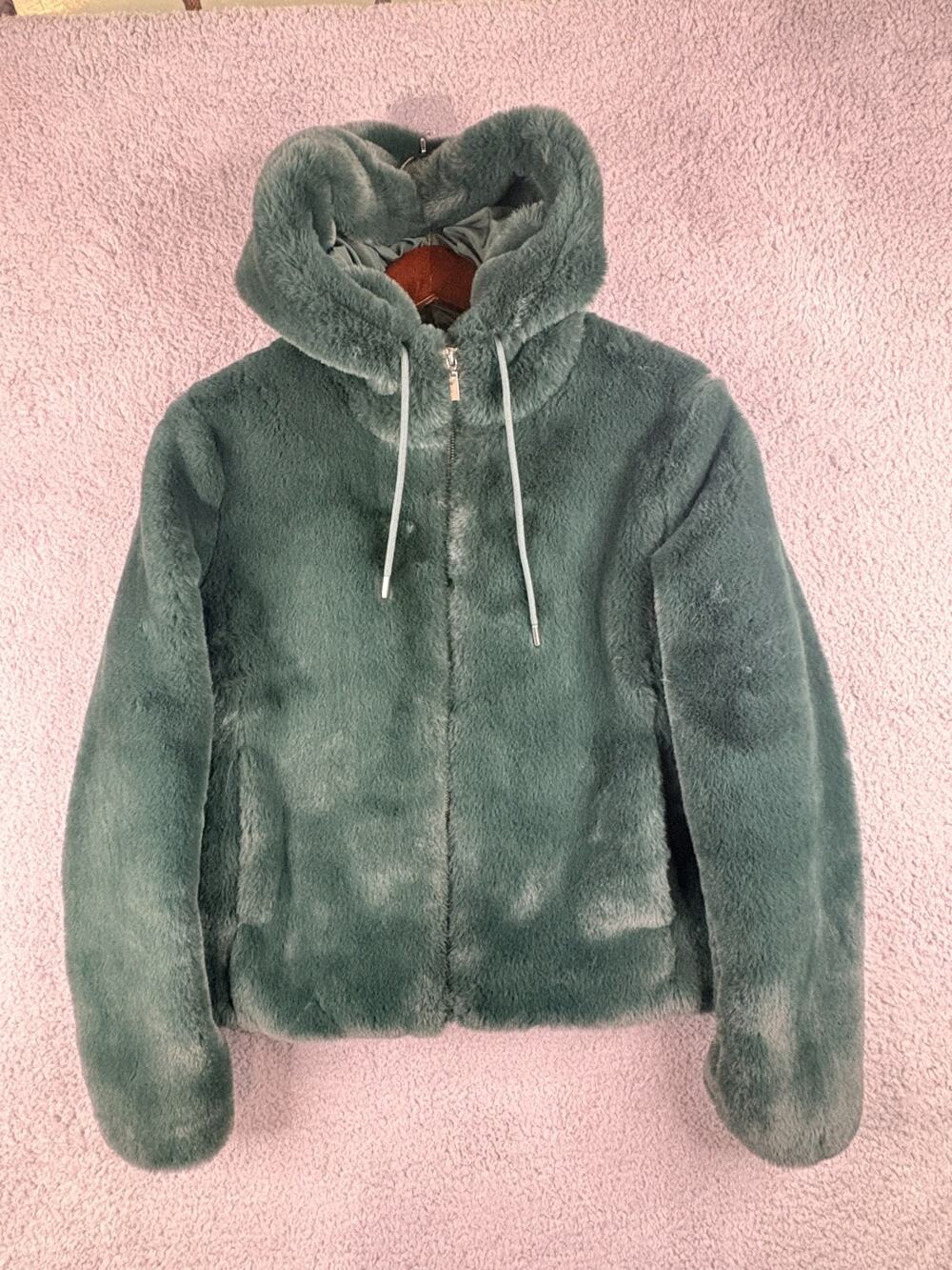 Rachel Zoe Faux Fur Jacket Women's Medium Green Full Zip Hooded Long Sleeves